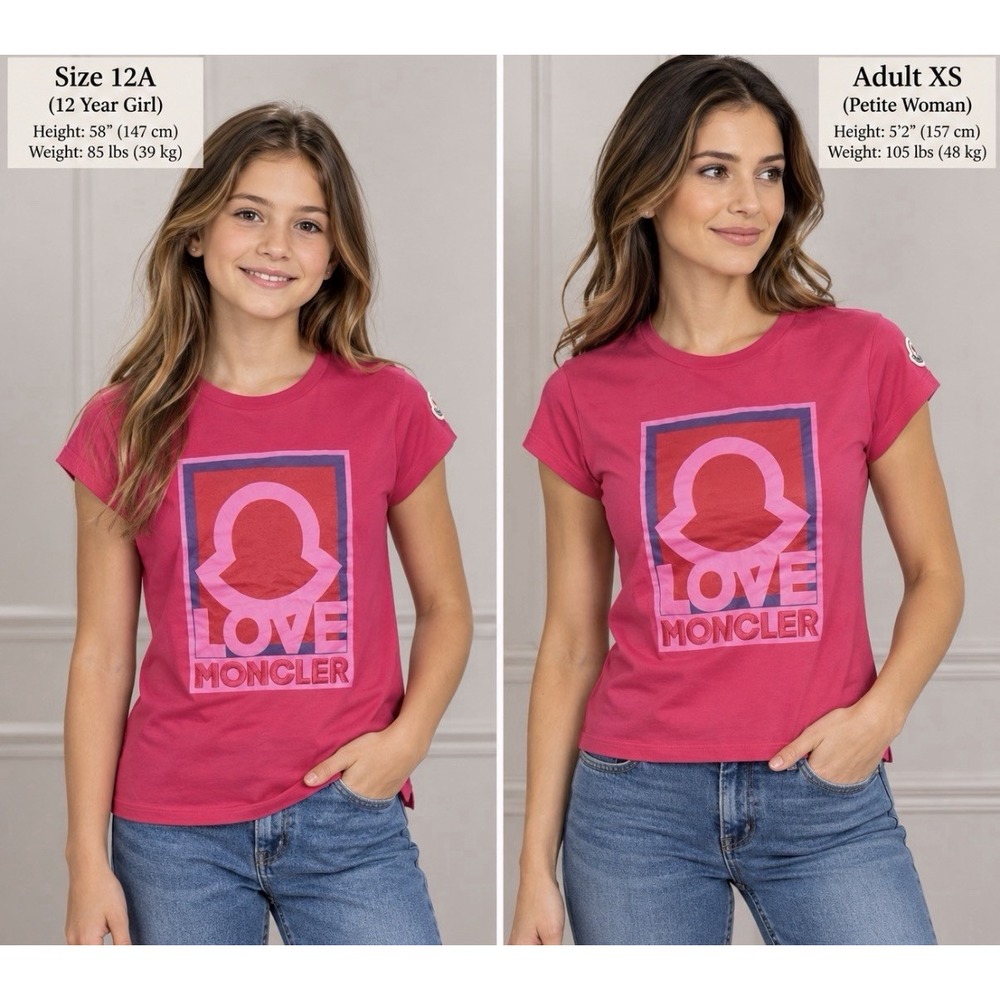 Moncler Love Embroidered Logo Graphic T-Shirt Youth Girls 12 Adult XS Fuchsia